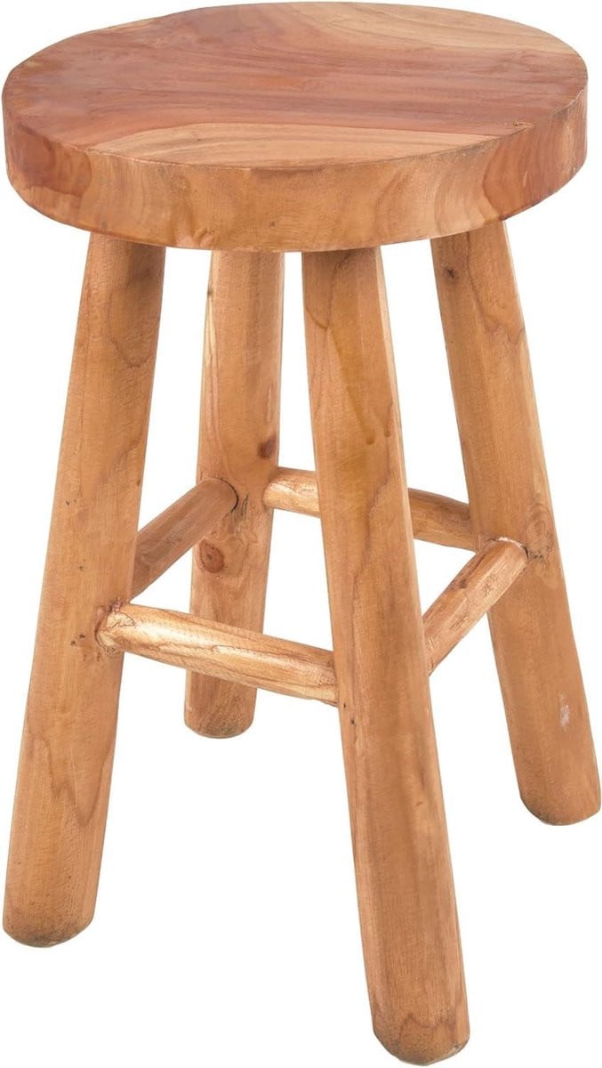 Handgemaakte Teak Kruk - Houten Zitje - Naturel - Hoogte: 46 cm