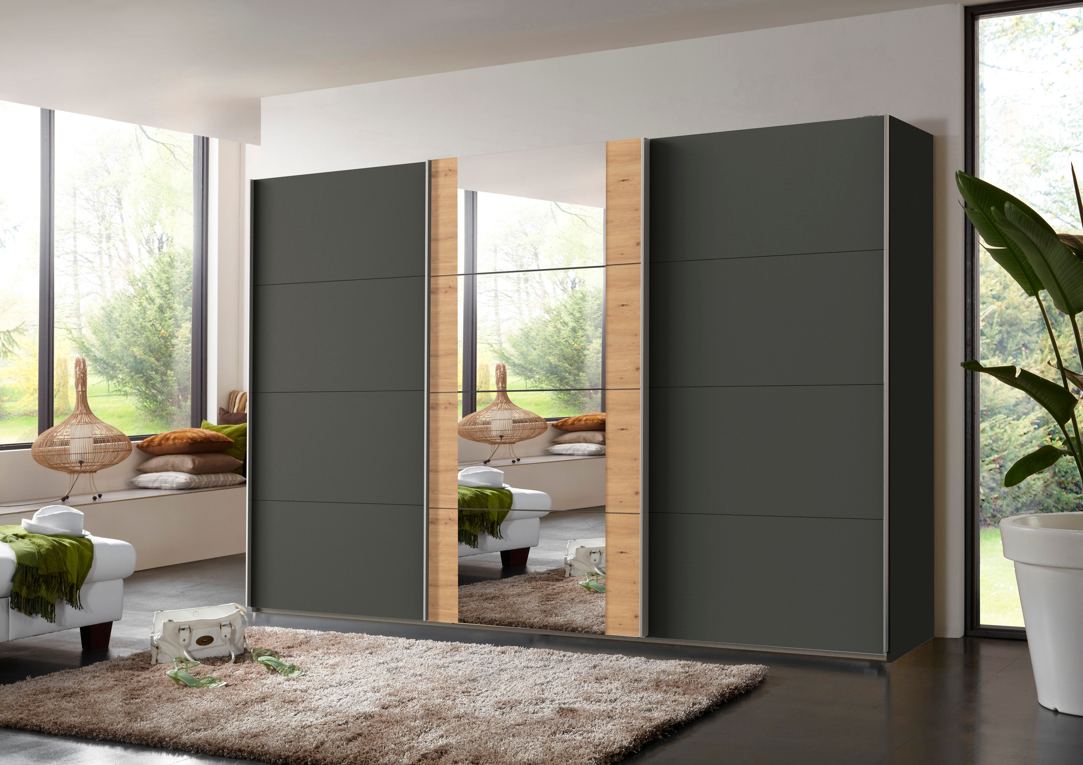 Schwebetürenschrank WIMEX "Bern Schiebetürenschrank", grau (graphit, artisan oak nachbildung, griffe: alu), B:360cm H:236cm T:64cm, Holzwerkstoff, Schränke, Schwebetürenschrank, Schrank mit zusätzlicher Innenausstattung, Garderobe graphit, artisan oak nac