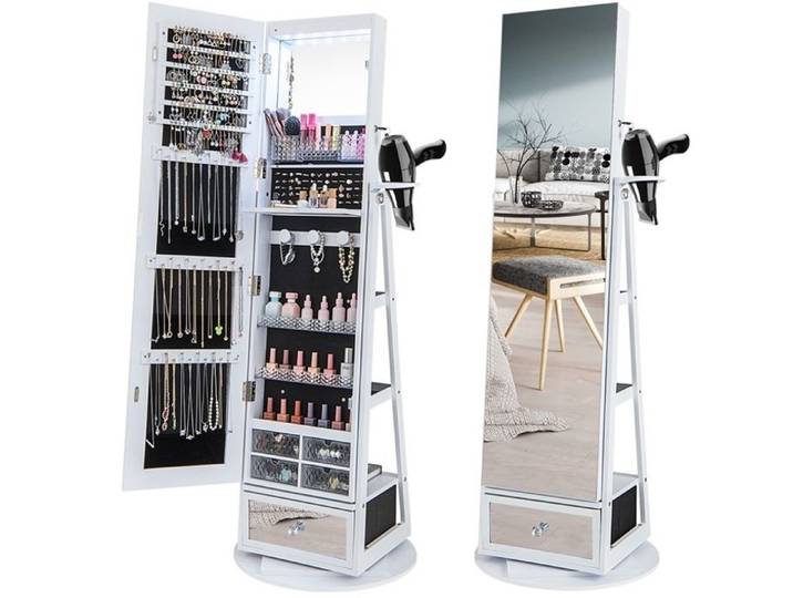 RELAX4LIFE Armoire à Bijoux LED avec Miroir Base Rotative et Support pour Sèche-Cheveux Organisateur pour Bijoux Blanc