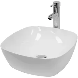 LuxeBath Waschbecken inkl. Ablaufgarnitur Silber ohne Überlauf Ø 40,5x14 cm Weiß aus Keramik