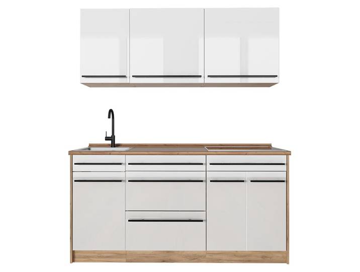 Singleküche Vicco R-Line Weiß Hochglanz/Goldkraft Eiche 160 cm Arbeitsplatte Goldkraft Eiche, Model 66171