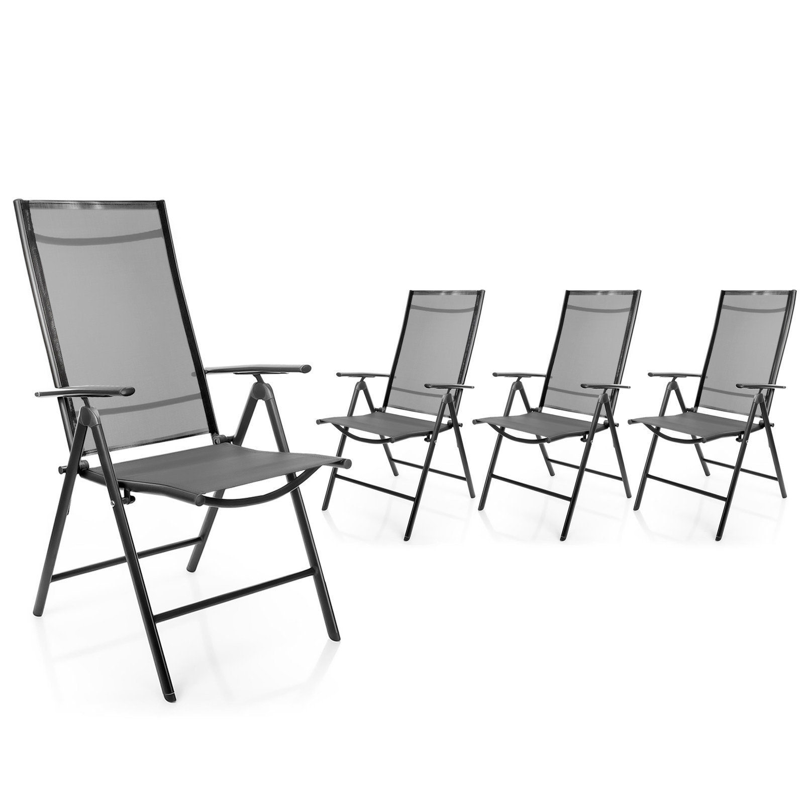 BigDean Set van 4 Donkergrijze Opvouwbare Tuinstoelen met 7-voudig Verstelbare Rugleuning
