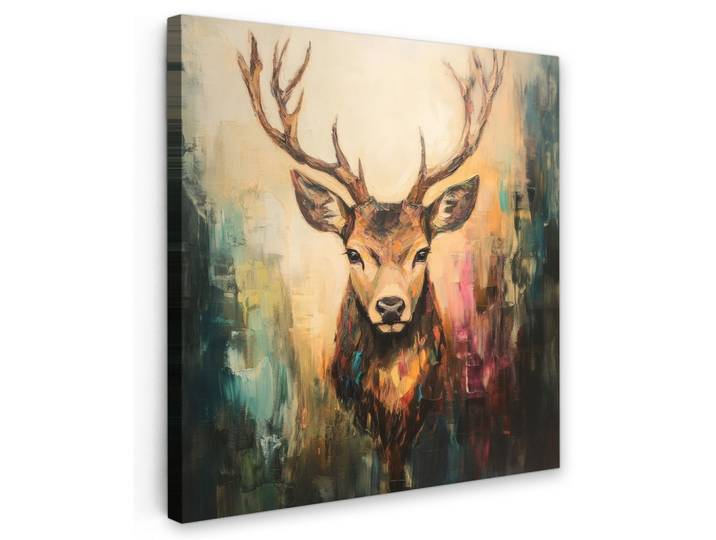 LEINWANDBILD Hirsch - Gemalt - Geweih - Braun Wandbild Wohnzimmer 50x50 cm