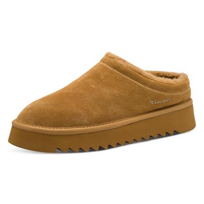 Hausschuh TAMARIS, Damen, Gr. 38, camel, Veloursleder, unifarben, Schuhe Hausschuh, Clogs, Bequemschuh mit Fellimitat-Kragen