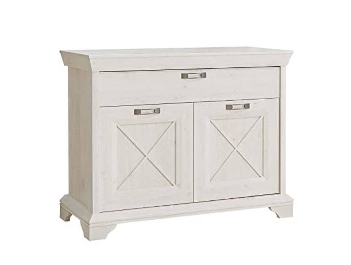 Newroom Kommode Pinie Weiß Sideboard mit Schublade Landhaus Flur 2 Türen Kreuz-Applikation, Bügelgriff in Metalloptik, Komodenschrank weiß gekälkt, Schlafzimmer Möbel, zum Einzug
