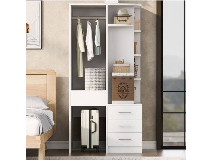 Armoire garde-robe AESVAR 70 x 55 x 175 cm penderie ouverte étagères et 3 tiroirs blanc
