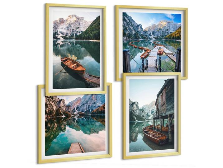 BILDER SET 4er Set - 50x50 cm & 40x60 cm Goldrahmen - See, Berge, Boote, Ferienhaus