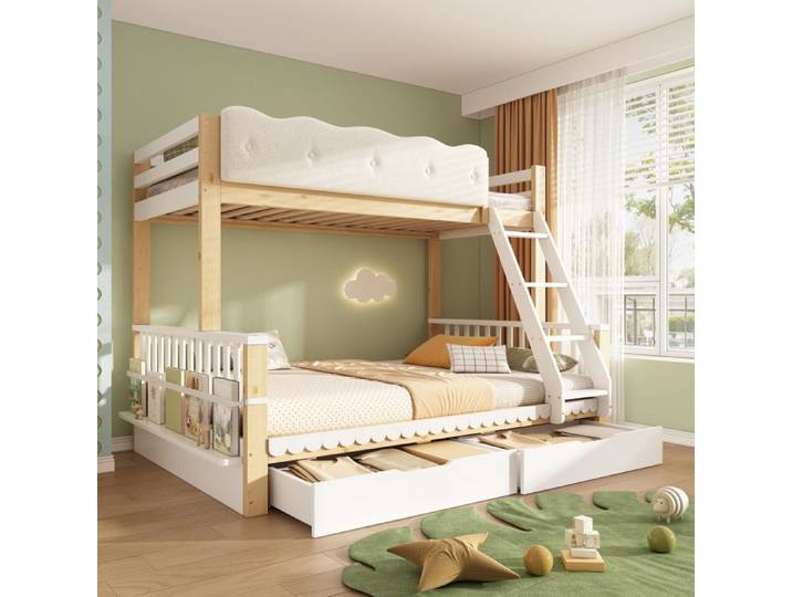 Lit Superposé 90x200cm+140x200cm Lit Superposé Enfant avec 2 tiroirs et étagères Lit double en bois Barrière Antichute Blanc+Chêne