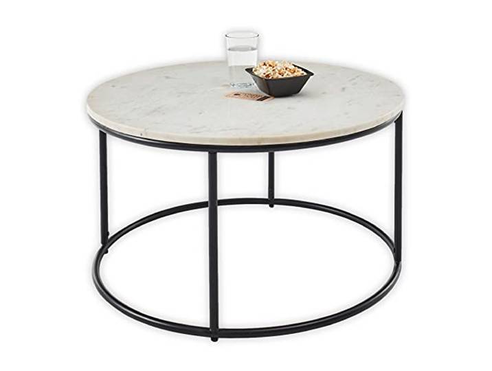 Stella Trading BELFORT Couchtisch Marmor rund weiß mit schwarzem Metallgestell - Stilvoller Wohnzimmertisch mit hochwertiger Marmorplatte - 80 x 46 x 80 cm (B/H/T)