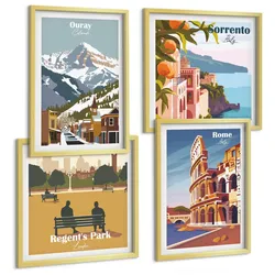BILDER SET 4er Set - 50x50 cm & 40x60 cm Goldrahmen - Retro-Illustrationen berühmter Orte