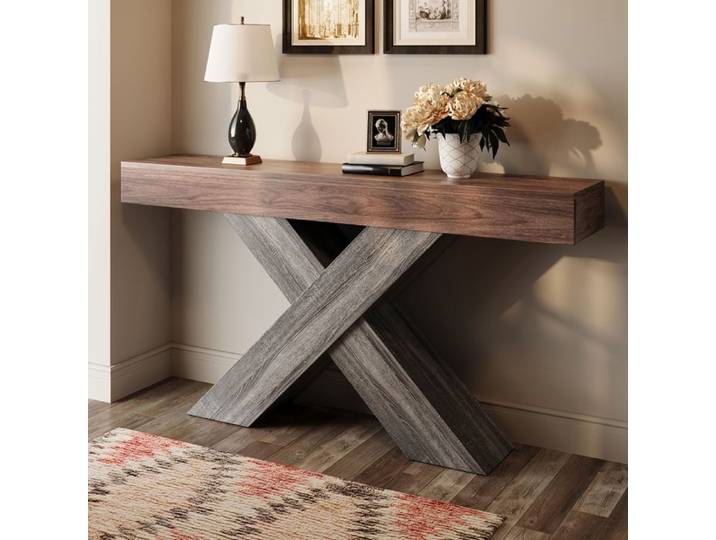 Table Console avec Pieds en Forme de X Table Console Étroit Table d'appoint en Bois de Ferme Pour Entrée et Salon Couloir Noyer