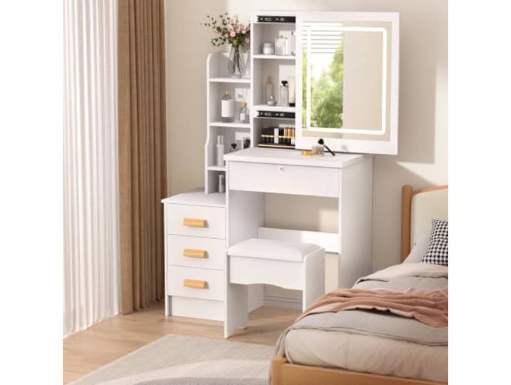Schminktisch mit LED-Spiegel, 4 Schubladen Langlebiges Holzmaterial, verschiebbarer LED-Spiegel, 4 Schubladen, ideal für das Schlafzimmer White