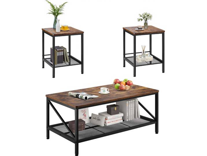 VEVOR Ensemble de 3 tables de salon\, (105 cm de long) table basse industrielle avec 2 tables d'appoint carrées (45 cm de long)\, ensembles de tables basses avec pieds en métal\, tables gigognes pour bureau salon appartement