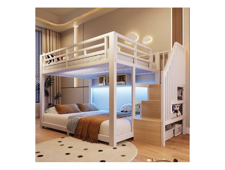 Flieks Etagenbett, Kinderbett Metallbett 140x200cm mit Lichtleiste Stauraumtreppe