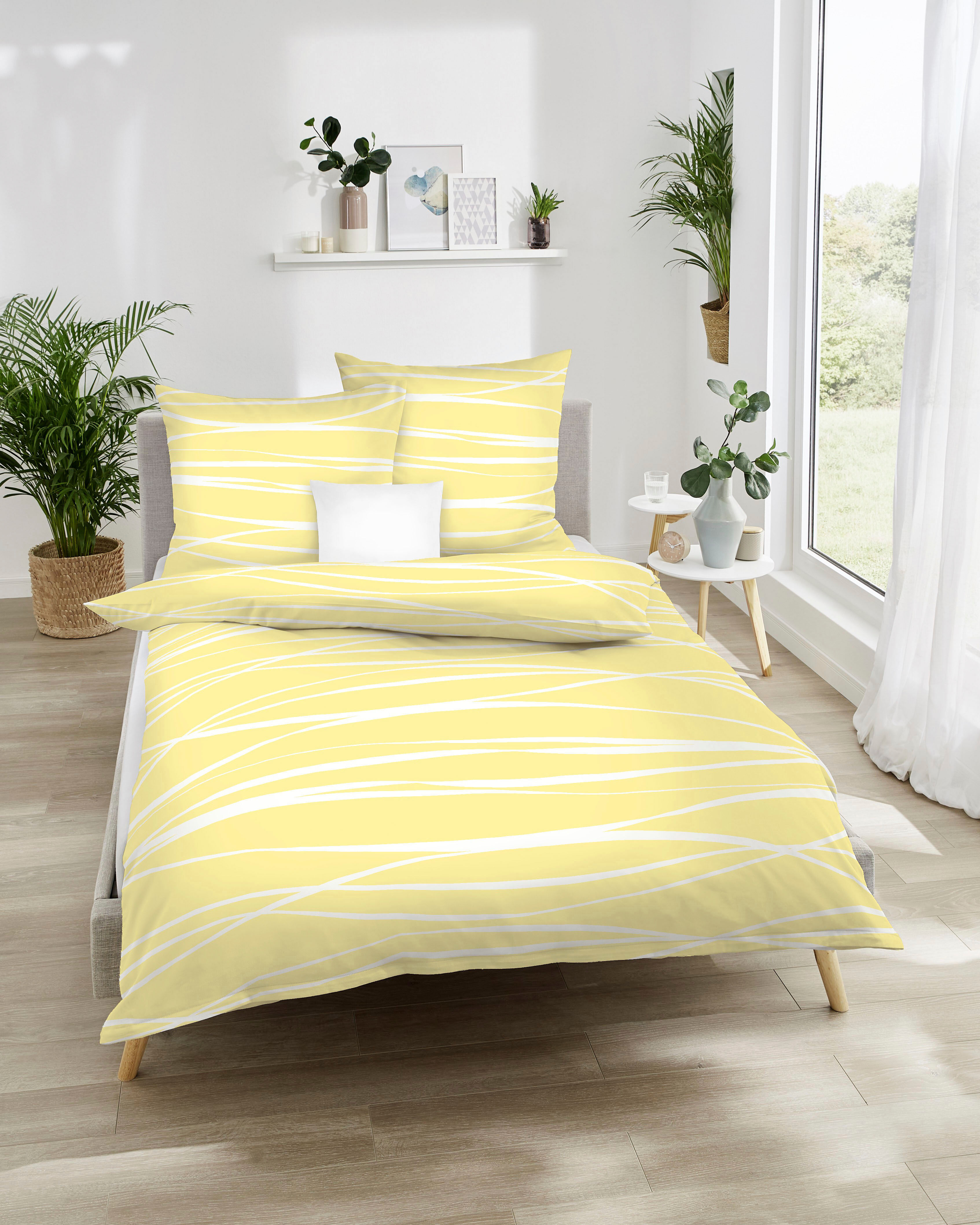 Wendebettwäsche KAEPPEL "MOTION 100% gekämmte Baumwolle", gelb, B/L: 135cm x 200cm, 1 Stk., 1 Stk., Mako-Satin, B/L: 80cm x 80cm, 2 Stk., Mako-Satin, Obermaterial: 100% Baumwolle, Bettwäsche, Wendebettwäsche, mit feinen Wellenlinien, Markenreissverschluss