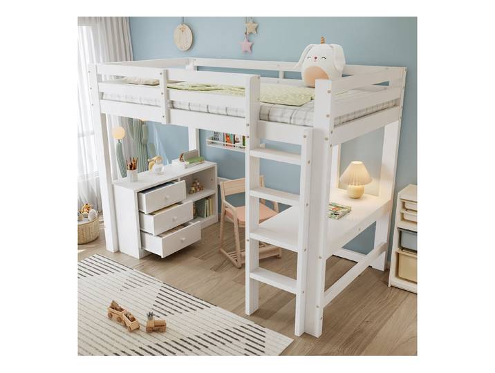 Odikalo Kinderbett Hochbett Schreibtisch Schubladenschrank Leiter Kiefer Weiß 90x200cm