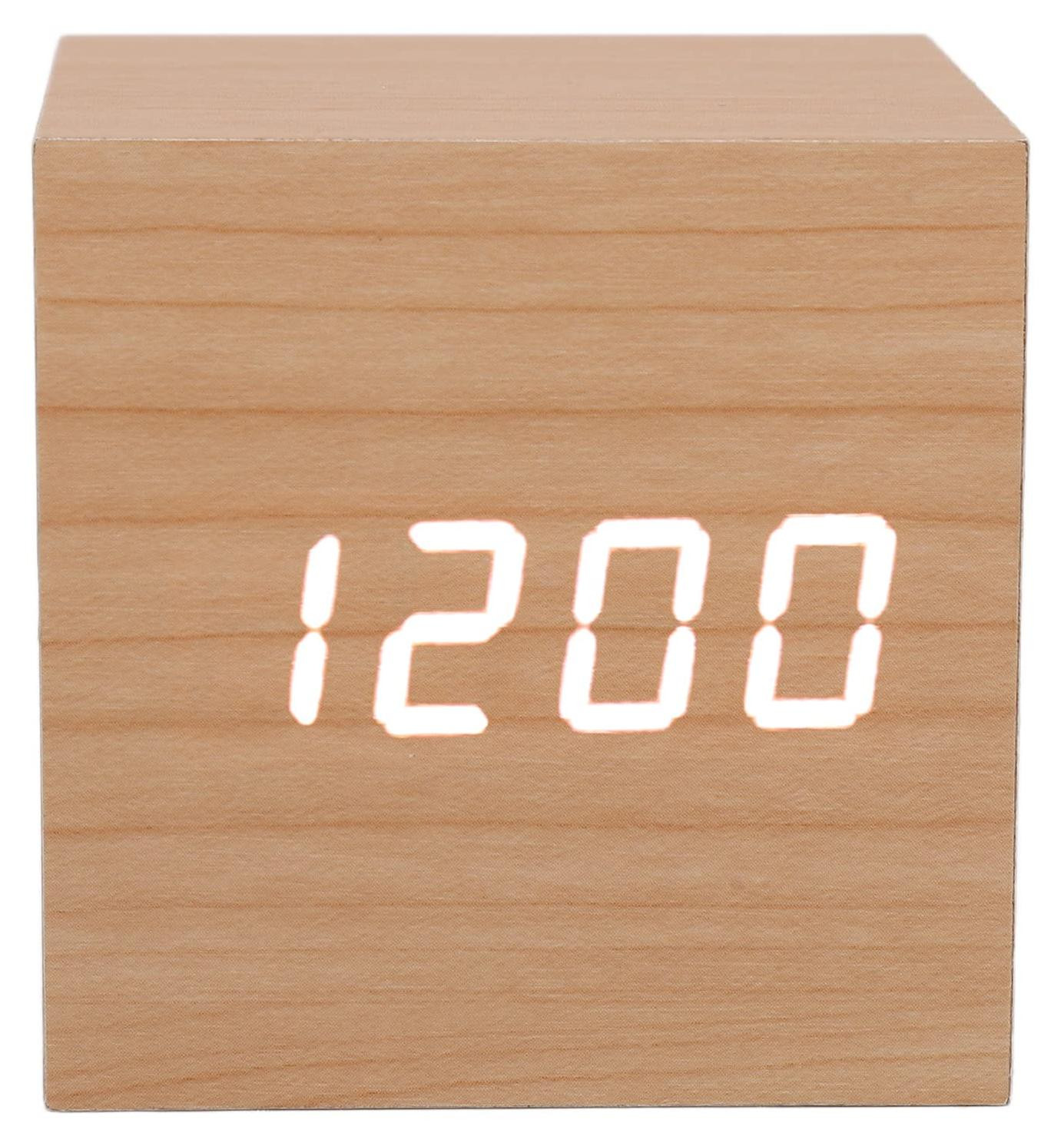 Dripio LED-wekker met houten behuizing, groot display, temperatuurweergave en wekfunctie, wit