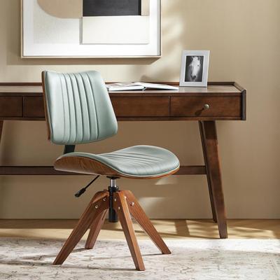 HULALA HOME Will Mid-century Modern Faux Leather 360° Swivel Office Chair with Solid Wood Legs and Channel-tufted Back