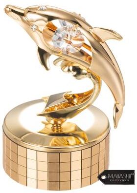 "24K Gold Plated Music Box plays - ""You Are my Sunshine"" with Crystal Studded Imitation Dolphin Figurine by Matashi"