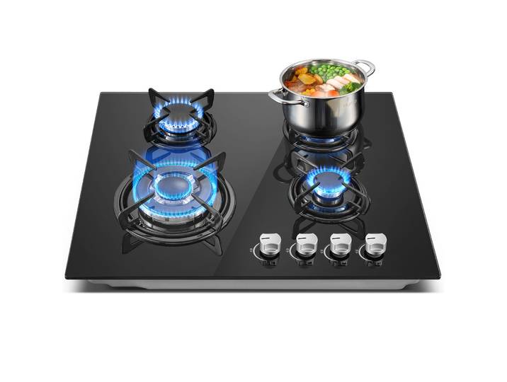 Table de cuisson à gaz encastrable 60 cm 4 brûleurs Thermocouple automatique et verrou de sécurité Table de cuisson à 4 zones en verre trempé 8060W avec allumage automatique