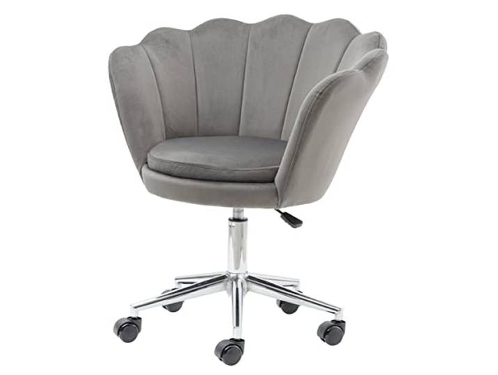 Baroni Home Gepolsterter Sessel mit Muschel-Rückenlehne aus Samt mit silbernen Rädern, Stuhl mit Rollen für Büro, Höhe verstellbar, Grau, 69x71x84 cm