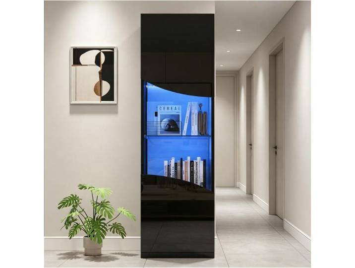 Vitrine de Salon Haute 35x50x165 cm - Laquée Noire Portes Vitrées Éclairage LED Intégré Design Concave & Ondulé