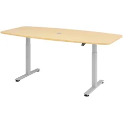 bümö elektrisch höhenverstellbarer Konferenztisch in Ahorn 220x103 cm, Gestell: Silber - Besprechungstisch rund-oval, großer elektrischer Meeting