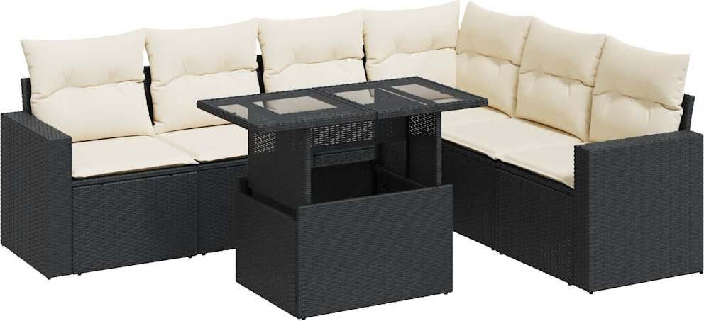 Gartenmöbel-Set, 7-tlg. Loungesofa mit Stauraum & wasserfestem Beutel, Poly Rattan Schwarz, verstellbarer Tisch, waschbare cremeweiße Kissen