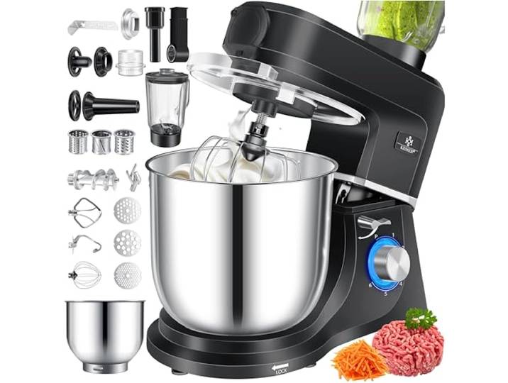 KESSER® Küchenmaschine 3in1 mit Fleischwolf & Mixer, 1500W Knetmaschine 5,5L Rührschüssel + Spritzschutz, 6 Geschwindigkeiten, Knethaken, Schneebesen, Rührhaken & Raspeln, Backen & Kochen, Schwarz