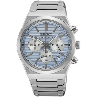 Chronograph SEIKO, silber (silberfarben, hellblau), Armbanduhren, Herren, Chronograph, Quarzuhr, Armbanduhr, Herrenuhr, Edelstahlarmband, analog, Tag