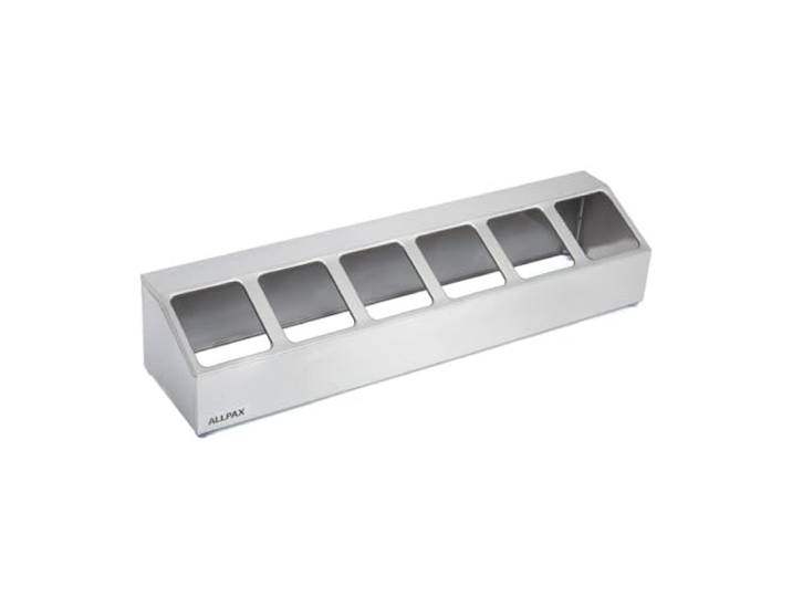 Allpax Edelstahl GN-Aufsatzbord - 102,5 x 24,5 x 21,5 cm - passend für 6 GN 1/6 Behälter 100 mm - Gewürzbord, Gastronorm-Behälter Gestell, Zutatenbehälter