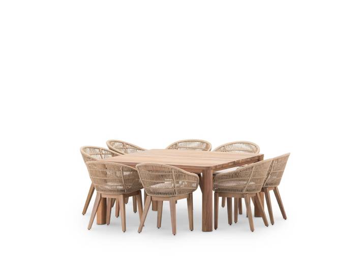 Set de table 150 x 150 et 8 chaises en bois et corde