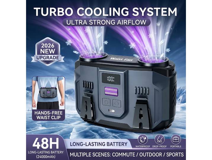 Nouvelle Version 2026 – Ventilateur Portable de Ceinture Rechargeable 24000 mAh, Clip de Ceinture Rafraîchissant Personnel, 100 Vitesses, 20000 tr/min, Double Moteur