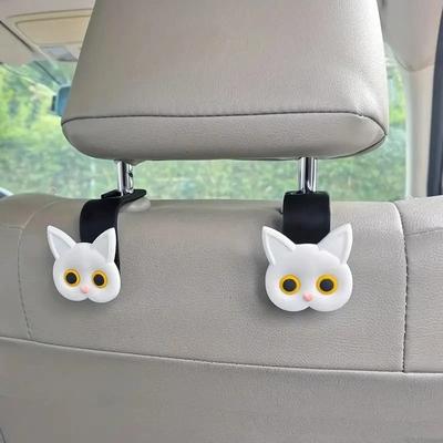 Uplift Essentials Adorable 2 Piece 3D Cartoon Cat Universal Car Headrest Hook Set white