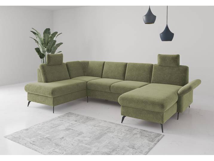 Wohnlandschaft, Polyester, Hellgrün 314×195 cm, Mit Bettfunktion & Bettkasten, Klassisch, Home-affaire