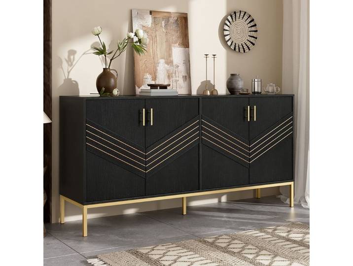 Buffet Moderne 4 portes design élégant Noir et Or MDF avec pieds métal grande capacité étagères réglables