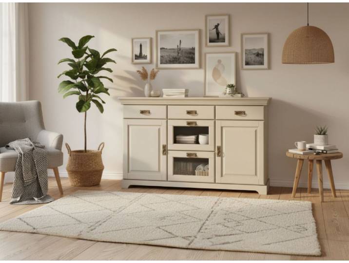 OTTO home Sideboard Rügen Kommode mit 2 Türen, 5 Schubläden mit Metallgriffen, Kommode aus massiver Kiefer, Schubladen mit Glaseinsatz, Metallgriffe