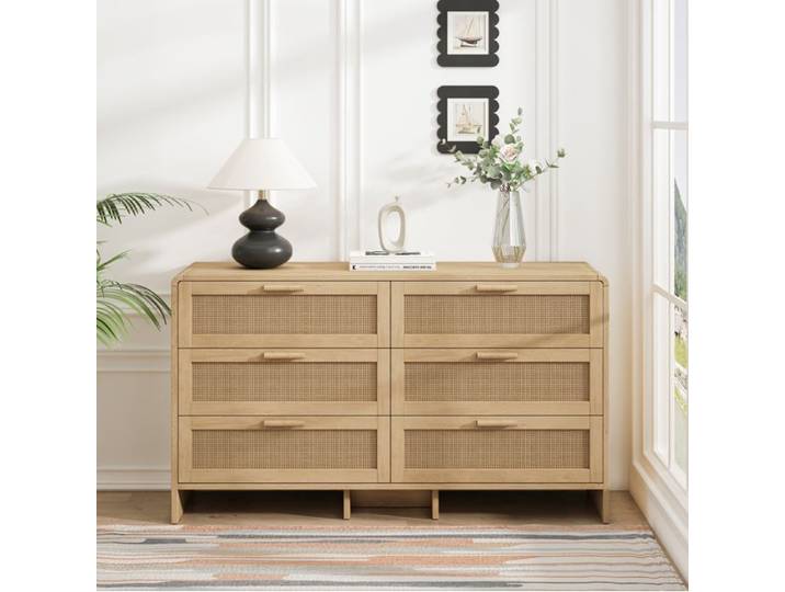 Commode de rangement 6 tiroirs AESVAR 130 cm rotin naturel bois naturel