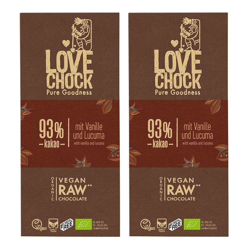 Lovechock Bio rohe Schokolade, 93 % Kakao, Tafel 2x70 g Schokolade