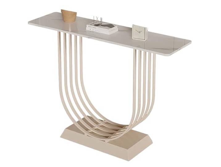 LIMENQIN Moderne Konsolentische, Langer Console Table, Schmaler Flurtisch, Metallsockel, Schieferplatte, Eingangstisch for Wohnzimmer(Beige,120cm/47.2in)