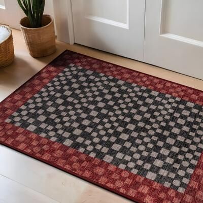 World Rug Gallery Checkerboard Panel Slate Machine Washable Polyester Non-Slip Backing Area Rug