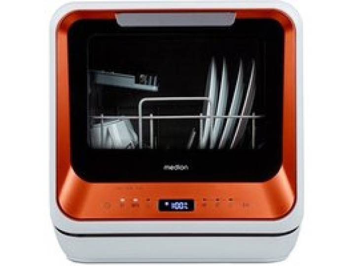 Mini lave-vaisselle – MEDION MD37763 – 2 Couverts – Fonctionne avec ou sans raccordement eau – Blanc/Orange