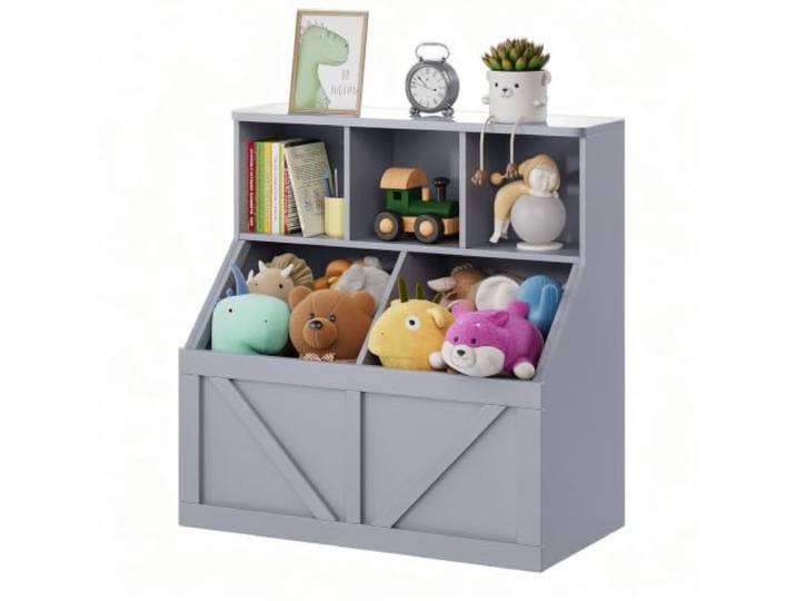 Hapterouse Kinderbücherregal, 5 Fächer, Spielzeugregal, Grau, 90x42x92 cm MDF und Spanplatte, 2 offene Boxen, kippsicher, viel Stauraum für Bücher, Spielzeug, Kuscheltiere, perfekt fürs Kinderzimmer