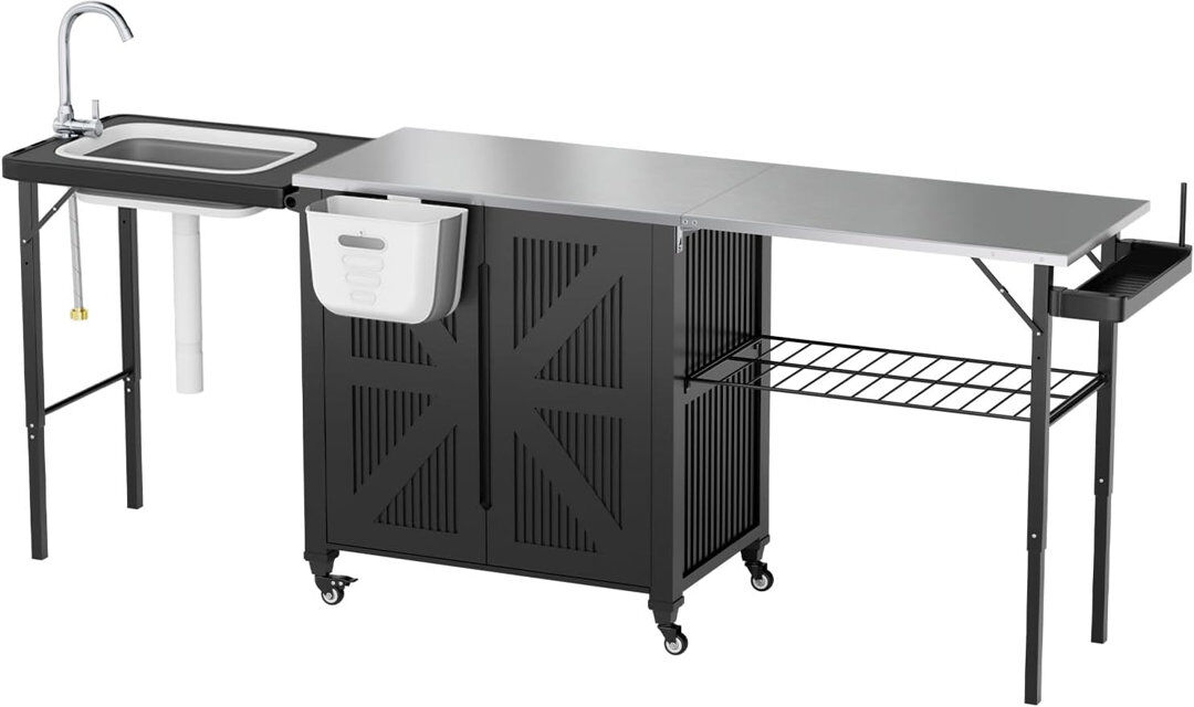YODOLLA Outdoor Folding Grill Cart Table With Sink Lockable Wheels And Waterproof Cover 91cm H X 235cm W X 49cm D
