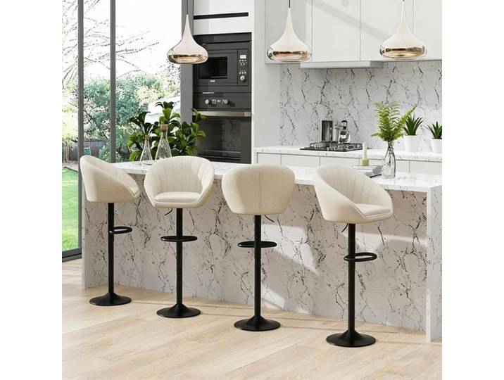Lot de 4 Tabouret de Bar PIPIPOXER Chaise de Bar Tissu en Lin et Réglable en Hauteur Tabouret de Cuisine Rotatif 42x30x58-80cm Beige