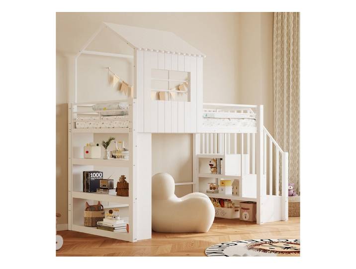 STILVORA Hochbett 90×200 Kinderbett mit Stauraumregal und sichere Treppe Hausdesign weiß (Eisenhochbett mit Hausdesign, hohes Schutzgitter, unter dem Bett bietet Platz für großes Spielzeug) Treppe auf der linken oder rechten Seite