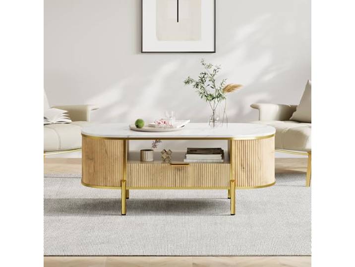 Niwugady Ovaler Couchtisch mit 2-stöckig Offenem Regal, 1 Schublade, Kaffeetisch mit Kunstmarmor-Tischplatte & Goldenen Metallfüßen, Viel Stauraum & Modernes Design, 122 x 56 x 48 cm, Holzfarbe