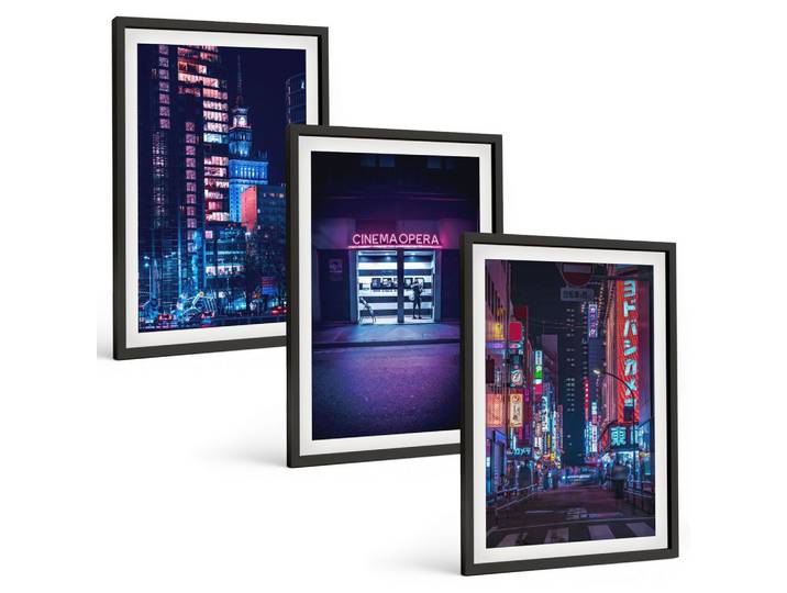 BILDER SET 3er Set - 40x60 cm Schwarzer Rahmen - Neon-Eingang zur nächtlichen Stadt