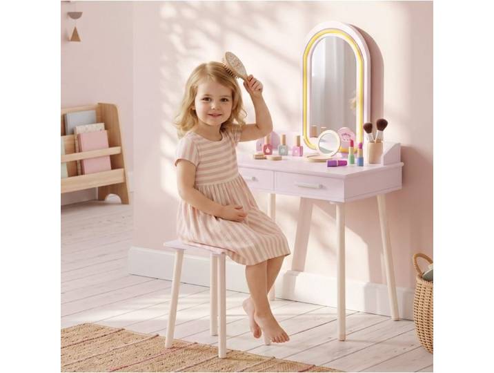 SENVIRO Coiffeuse enfant 2-en-1 60 x 36 x 100 cm rose miroir LED 3 couleurs 2 tiroirs tabouret inclus