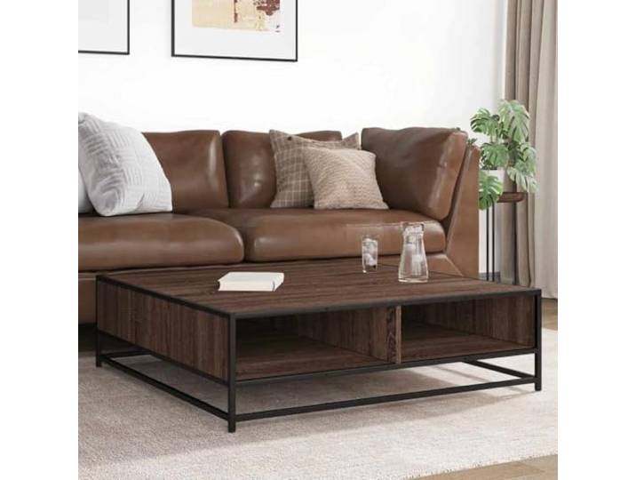 KTHLBRH Couchtisch Eiche Braun und Schwarz 100 x 100 x 30 cm Mehrschichtiges Holz und Metall, stabil und langlebig, großes Aufbewahrungsfach, industrieller Stil